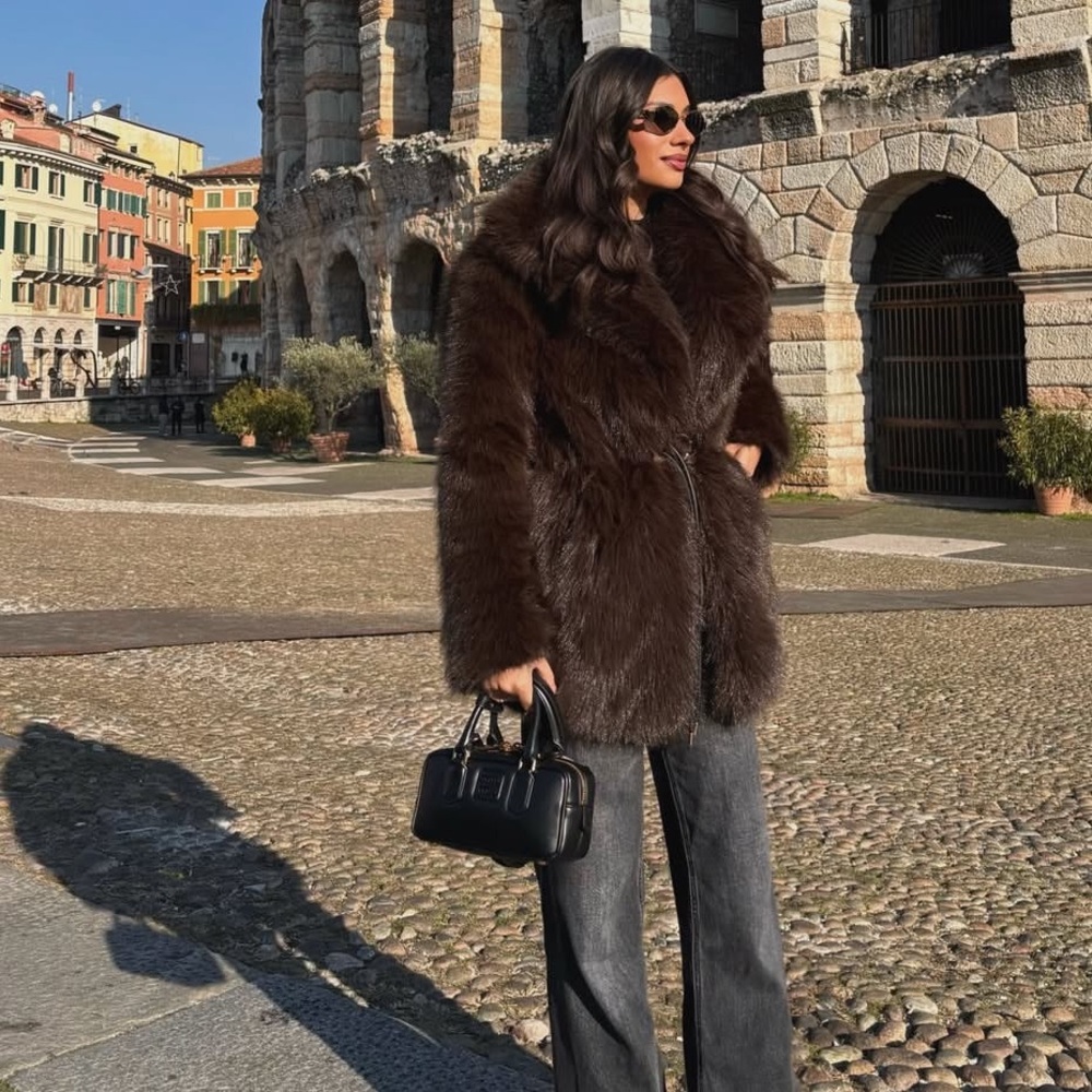 Winter Fluffy belted Faux Fur Coat Women's Shaggy Jacket Luxurious Brown